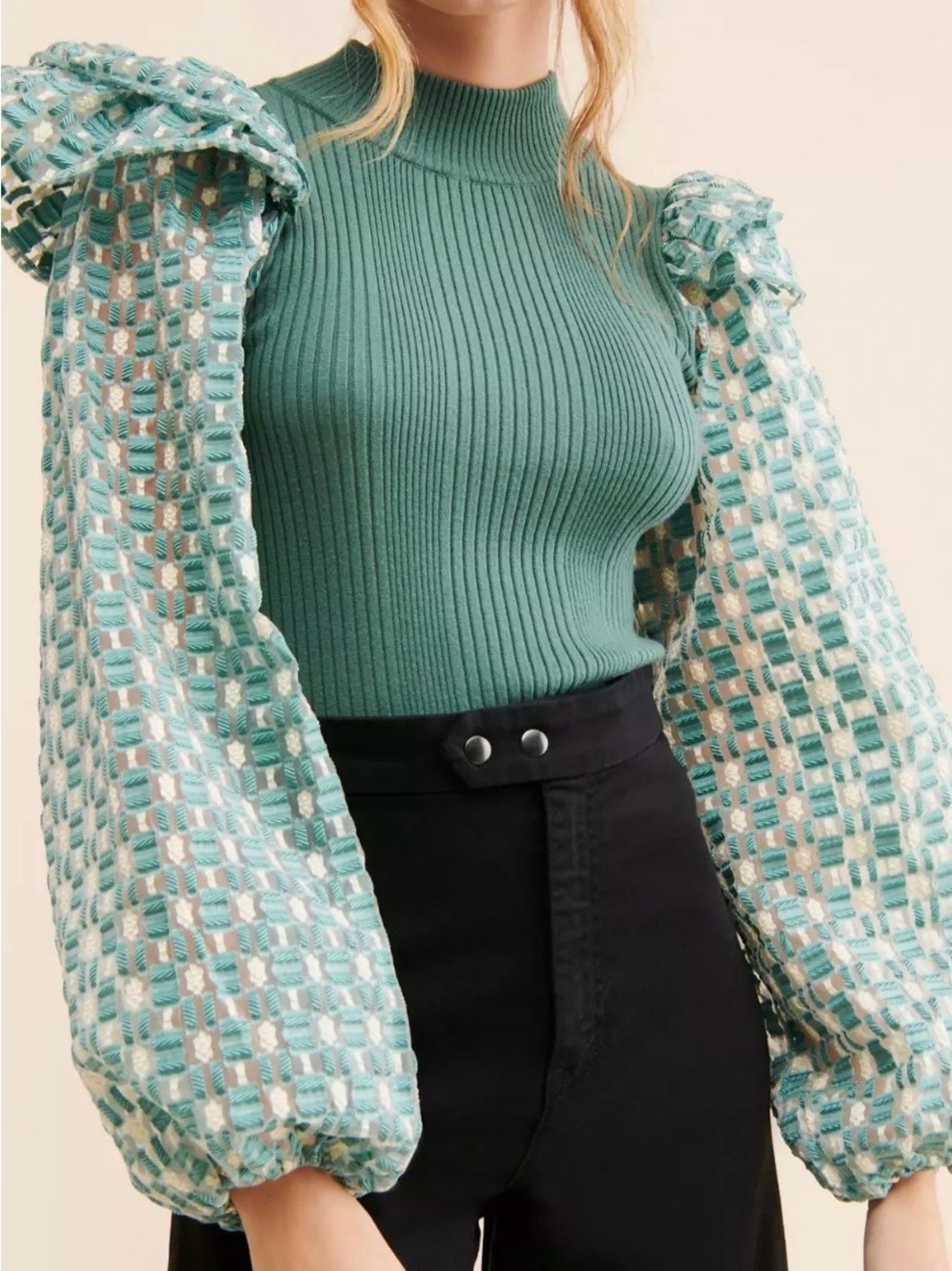Anthropologie Green Ribbed Cowl/Turtleneck Sweater with Patterned Puff Sleeves